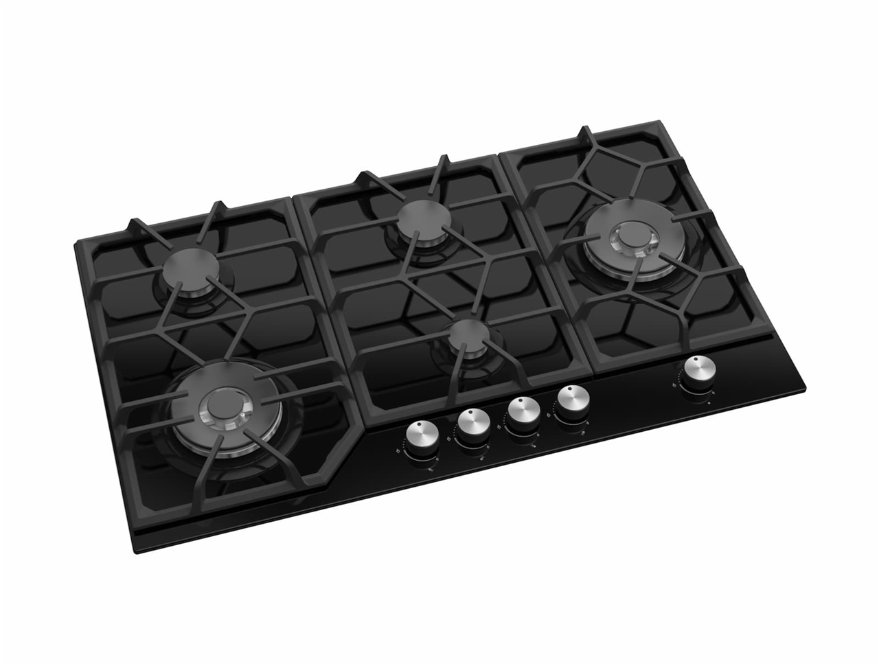 90cm Black Glass Gas Hob 5 Burner & 2 Wok Burners | Modern Living