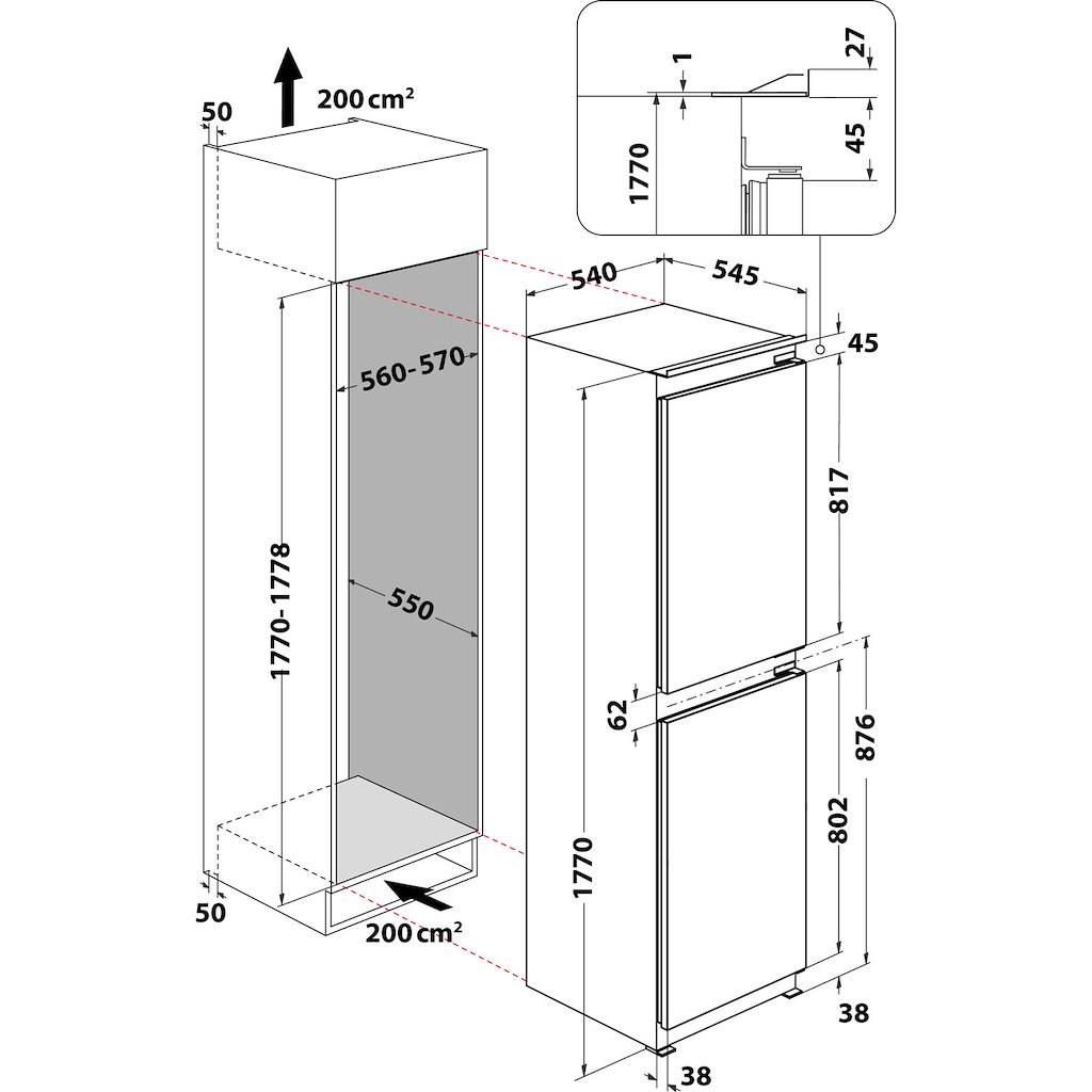 dimensions of integrated fridge freezers